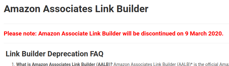 Amazon Associate Link Builder will be discontinued on 9 March 2020
