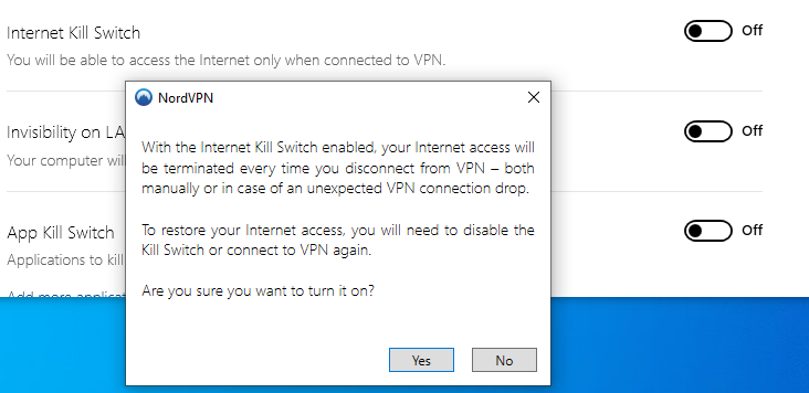 Kill switch – Internet access will be terminated if the VPN connection drops