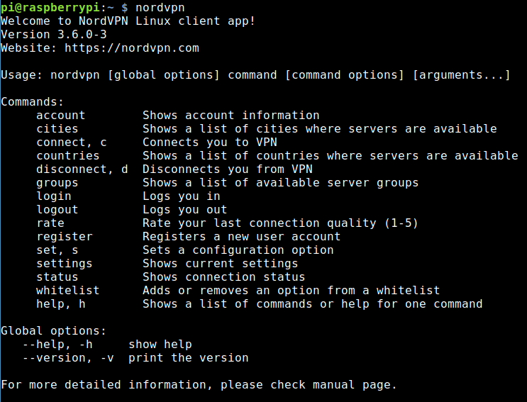 All possible options of the NordVPN Linux client