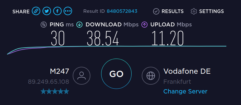 Speedtest with NordLynx / WireGuard