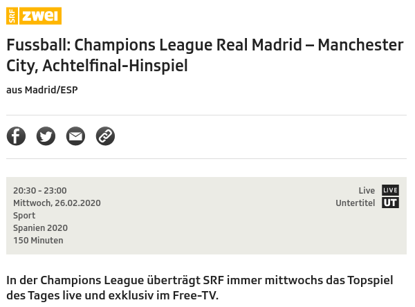 Real Madrid vs Manchester City live on SRF2