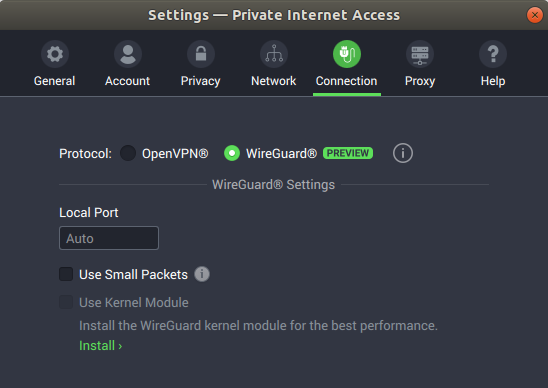 PIA client: If the Linux kernel module of WireGuard is not installed, the software advises to do so