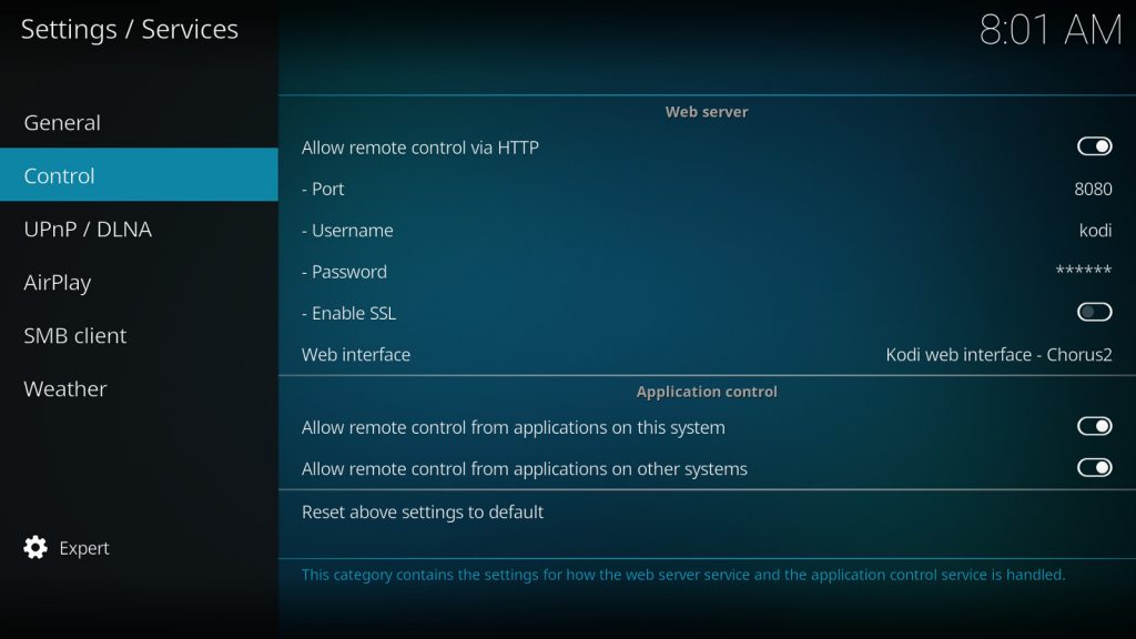 Allow remote control via HTTP in the settings – now you can send messages from your Raspberry Pi via curl