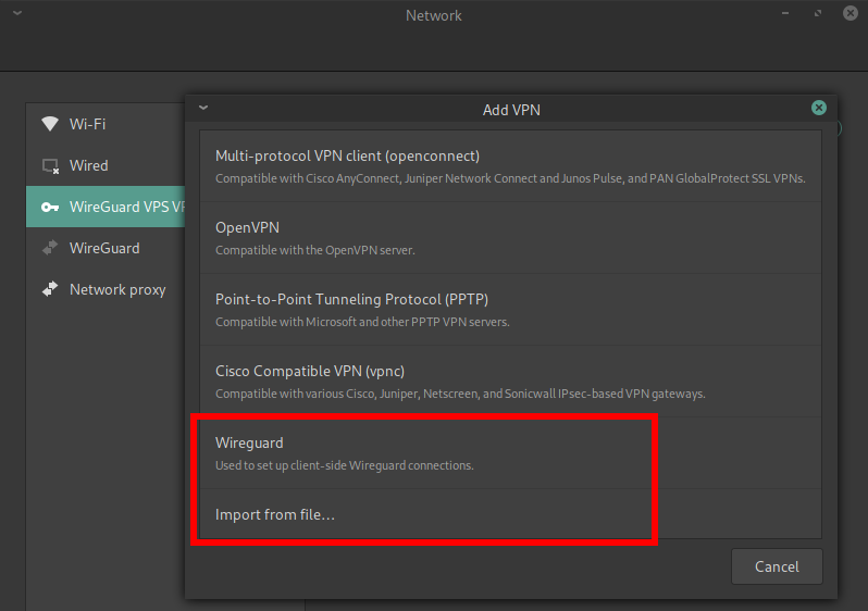 Add WireGuard manually or import a .conf file