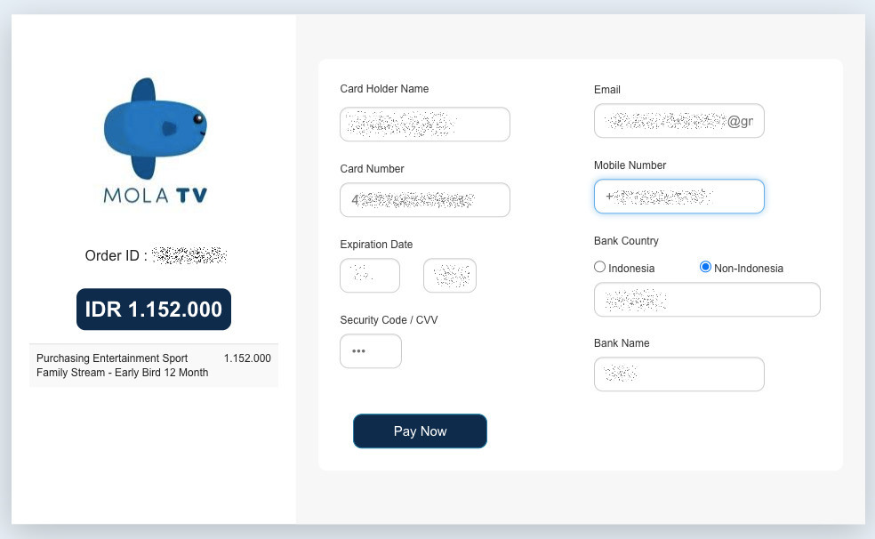 You can pay Mola.tv with credit card
